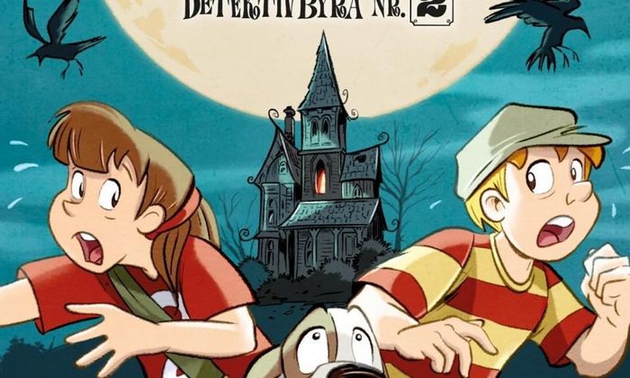 Bokcover fra boka Detektivbyrå nr. 2 av Jørn Lier Horst. Jente og gutt løper sammen med en hund.