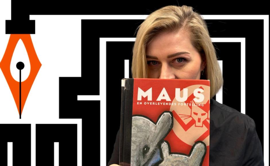 Marianne Hovdan holder boka Maus foran en logo for Ytringsfrihetsbyen Stavanger