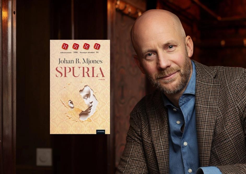 Portrett av Johan Mjønes og boka Spuria