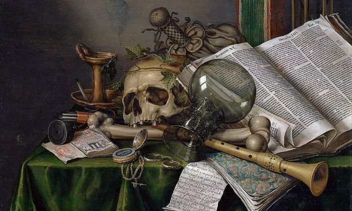 Vanitas – Still Life with Books and Manuscripts and a Skull (1663) av Edwaert Collier