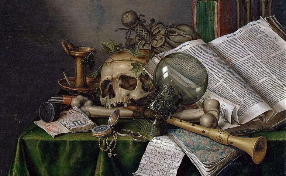 Vanitas – Still Life with Books and Manuscripts and a Skull (1663) av Edwaert Collier