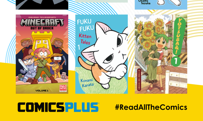 Comicsplus med forsidene til Batman: Origin Story, Milk and Mocha, Atomcat, Minecraft: Out of Order, Fukufuku Kitten tales og Yotsuba&!