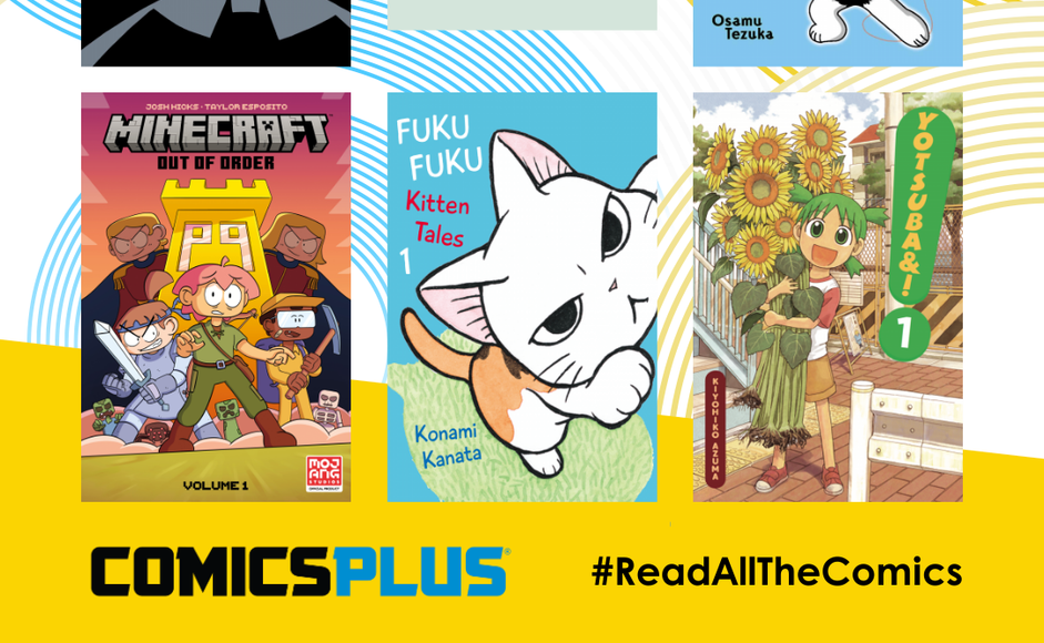Comicsplus med forsidene til Batman: Origin Story, Milk and Mocha, Atomcat, Minecraft: Out of Order, Fukufuku Kitten tales og Yotsuba&!