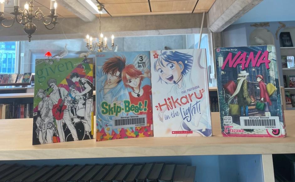 Forsidene til mangaene Given 2, Hikaru in the light, Skip Beat! og Nana