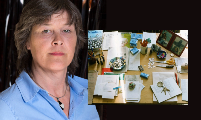 Foto av Lene Berg og billedcollage av skrivekunstverksted