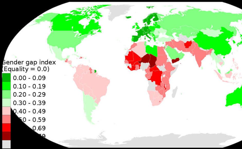 Grønt er mer likestilling, rødt mindre likestilling: CC BY-SA 4.0 Asus2004