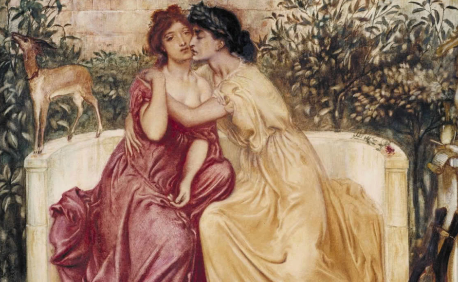 Seksualitetens historie to damer i antikken kysser og klemmer i en hage.