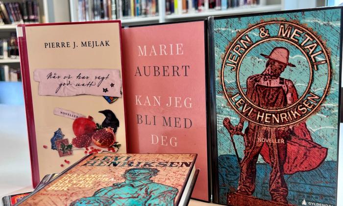 Foto av 4 ulike novellesamlinger på et bord i biblioteket på Sølvberget.