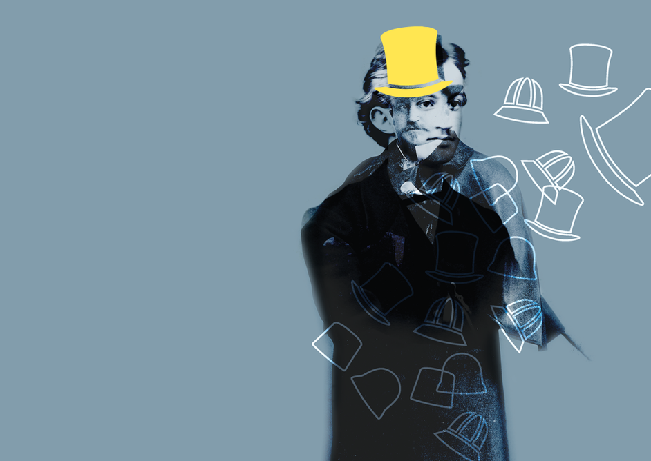 Alexander Kielland kollage av han som ung og gammel med gul hatt