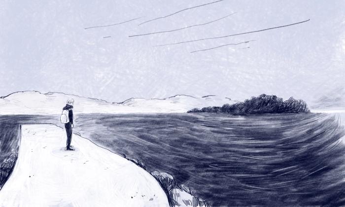 Illustrasjon av person med ryggsekk som ser utover et urolig hav. Illustrert av Nora Dåsnes. 