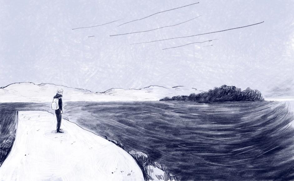 Illustrasjon av person med ryggsekk som ser utover et urolig hav. Illustrert av Nora Dåsnes.