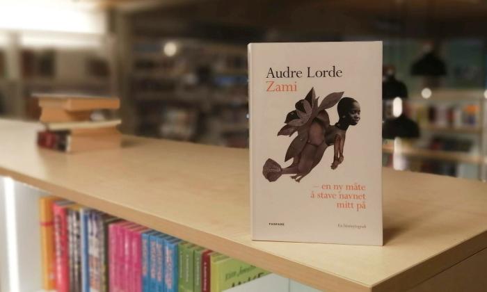 Zami - en ny måte å stave navnet mitt på av Audre Lorde på toppen av bokhylle i biblioteket