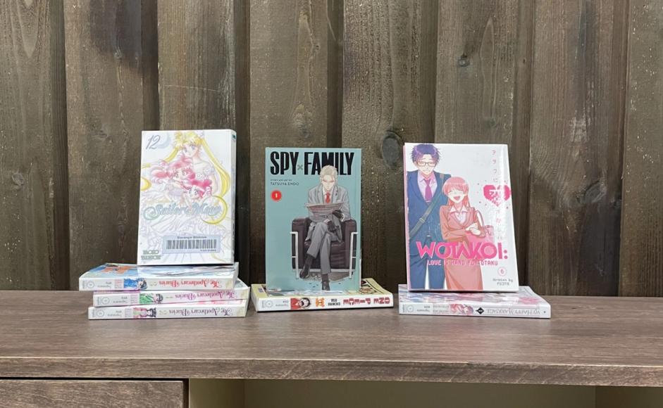 En rekke manga stilt inntil en vegg