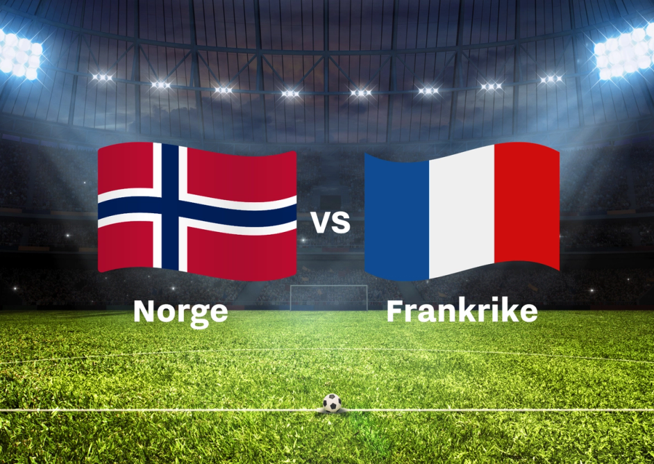 Fotballbane med norsk og fransk flagg på