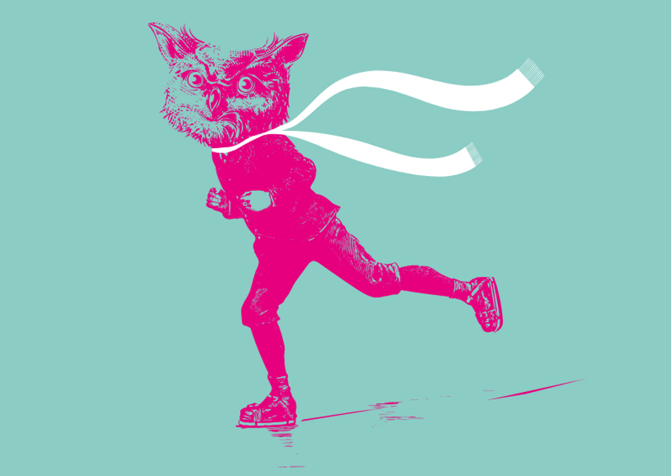 Illustrasjon: En rosa ugle på skøyter