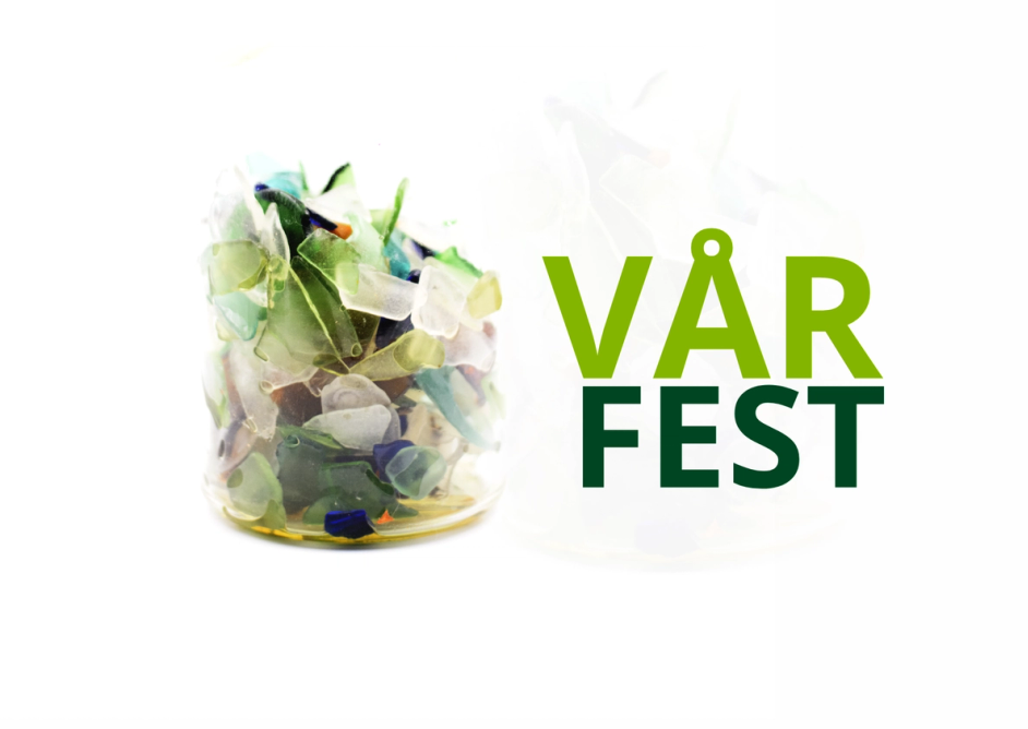 Glass med knuste glasskår og teksten Vårfest