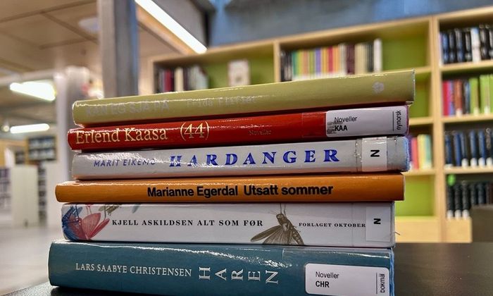 Foto av en stabel med novellesamlinger i biblioteket på Sølvberget.