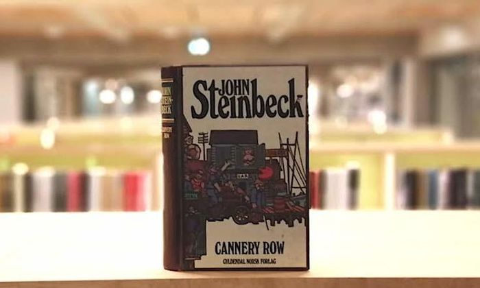 John Steinbecks bok Cannery row stående på bokhylle i biblioteket