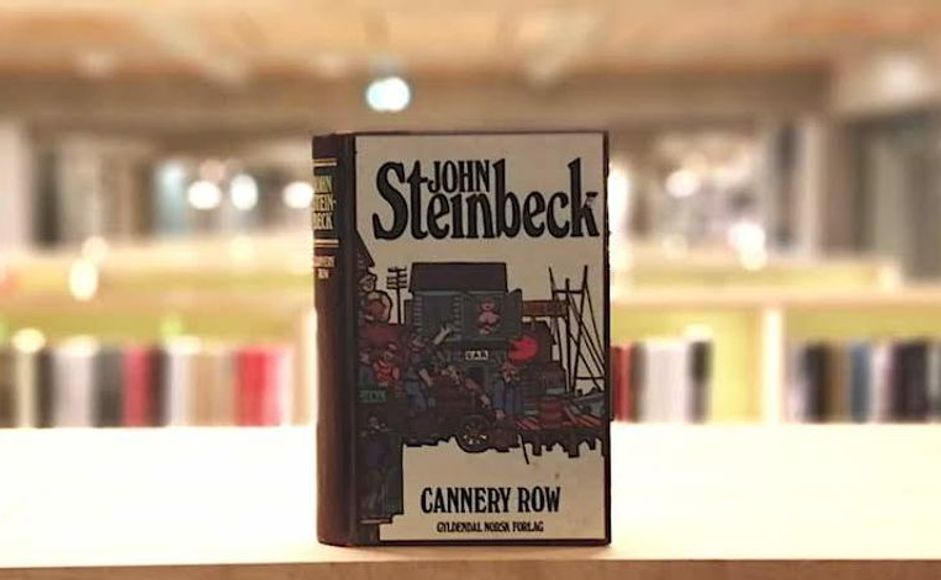 John Steinbecks bok Cannery row stående på bokhylle i biblioteket