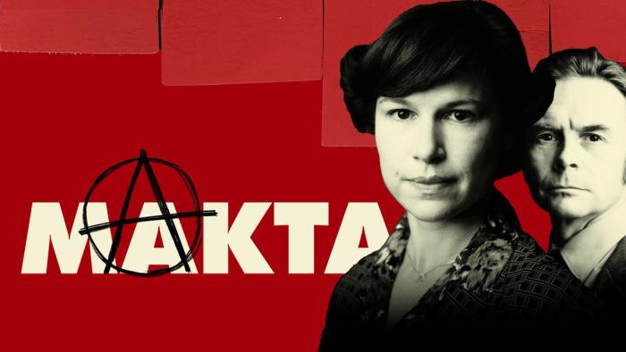 Fra NRK-serien Makta. Bilde av to skuespillere og teksten Makta.