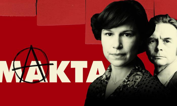 Fra NRK-serien Makta. Bilde av to skuespillere og teksten Makta.