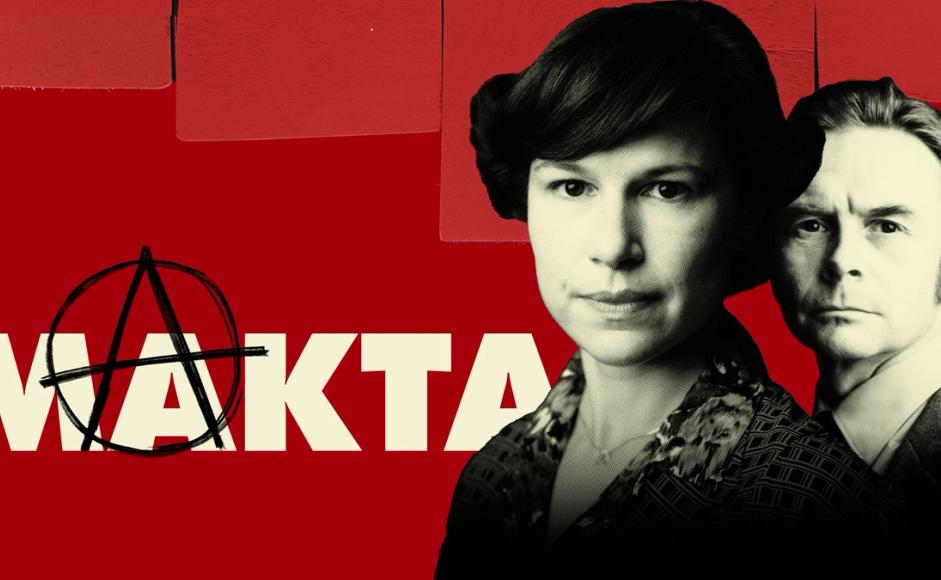 Fra NRK-serien Makta. Bilde av to skuespillere og teksten Makta.