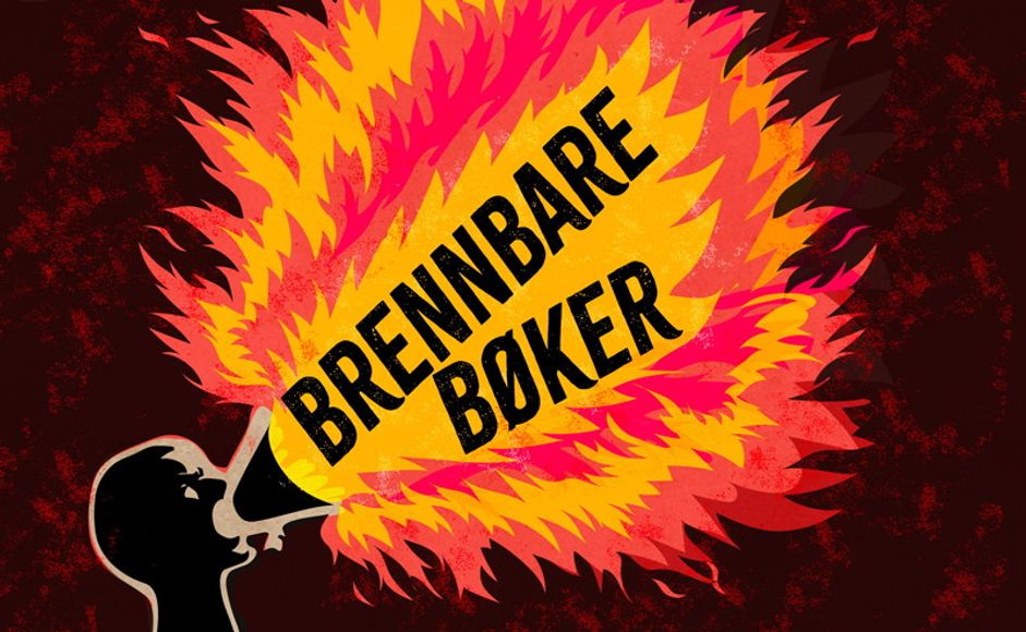 Illustrasjon av en person som skriker ut brennbare bøker.