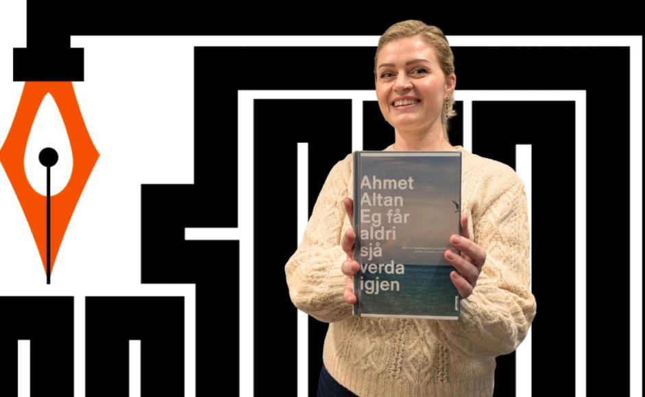 Marianne Hovdan holder boka Eg får aldri sjå verda igjen med designelement fra Ytringsfrihetsbyen Stavanger som bakgrunn
