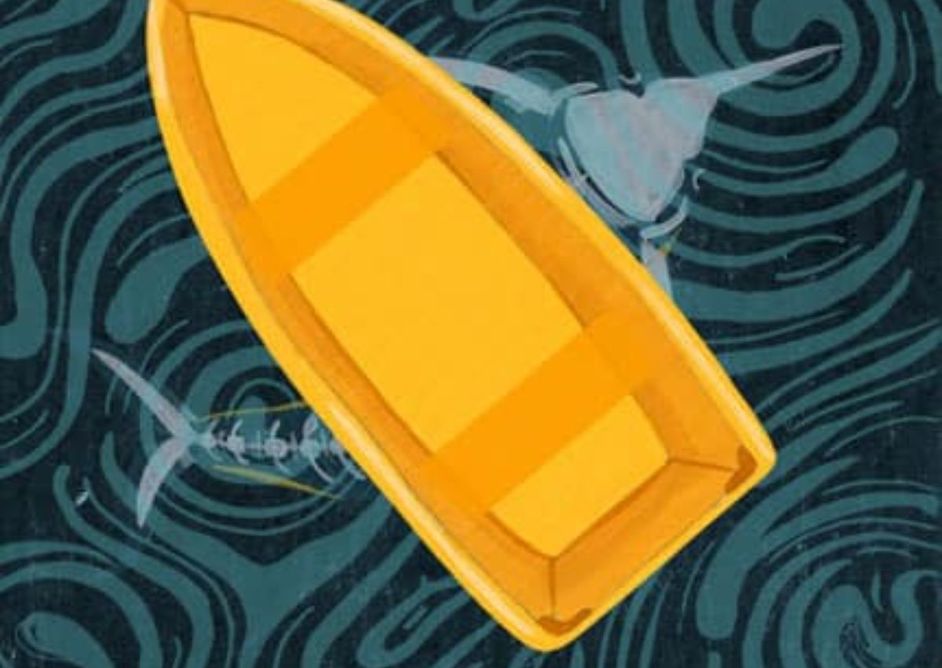 Gul båt på havet, fra Den gamle mannen og havet av Ernest Hemingway