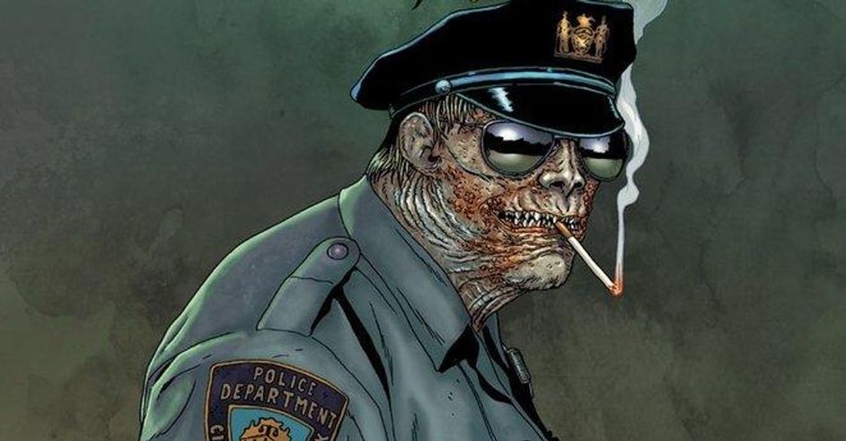 Tegneserie med røykende zombiepolitimann