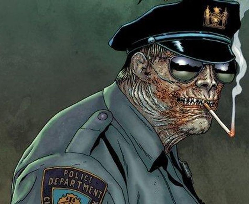 Tegneserie med røykende zombiepolitimann