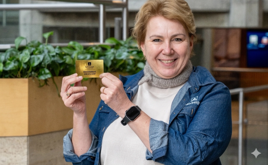 Bibliotek og kulturhussjef Anne Torill med Sølvbergets nye gullkort i foajeen på Sølvberget