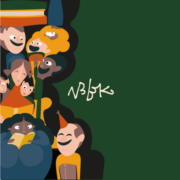 Tegna mennesker leser, smiler, ler og koser seg ved siden av NBBK-logoen.