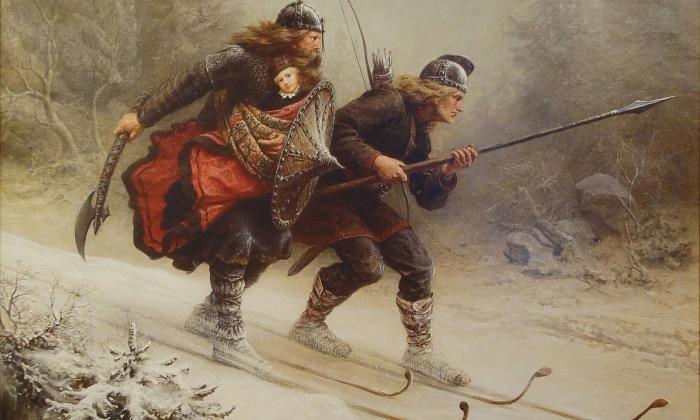 Knud Bergsliens maleri «Birkebeinerne», som viser Torstein Skevla og Skjervald Skrukka som flykter fra baglerne med den vesle Håkon Håkonsson, kongssønnen, til birkebeinernes «hovedstad» Nidaros i 1206.