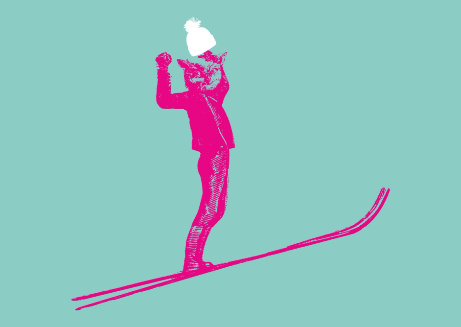 En rosaugle hopper på ski. Biblå + museer = vinterferie med opplevelser
